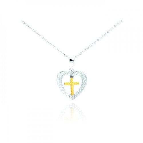 Silver Palace Fine Fashion Jewelry-Necklace Gold Plated Cross in Hammered Sterling Silver Heart, Beautifully Simple and Elegant