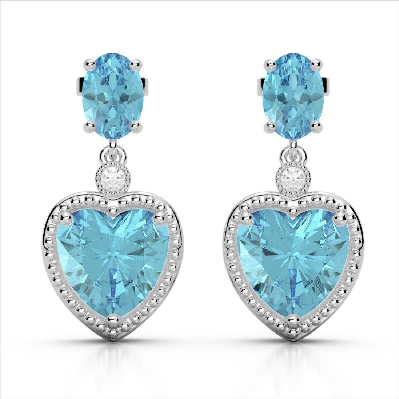 The Pink Pigs Fine Jewelry Sets Earrings Heart Earrings and Necklace, 10K White Gold, 8CTW of Sky Blue Topaz and Diamonds