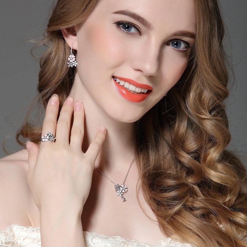 The Pink Pigs Jewelry SET-Fashion 925 Silver Pink Cherry Blossom Daisy Jewelry Set-Sterling Silver-Pretty in Pink
