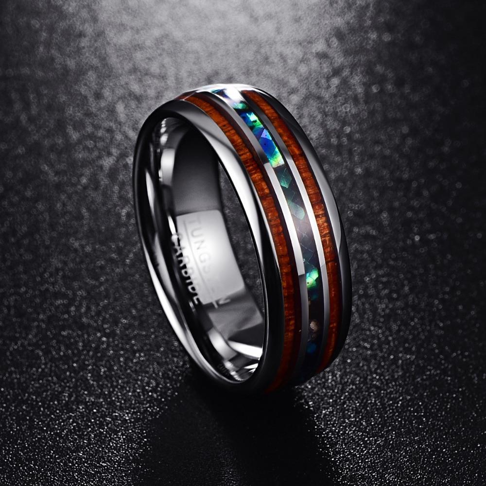 The Pink Pigs Mens Jewelry and Watches 8 Hawaiian Koa Wood and Abalone Shell Ring with Tungsten Carbide for Men, Comfort Fit Sizes 5-14