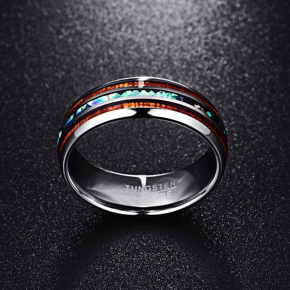 The Pink Pigs Mens Jewelry and Watches 9 Hawaiian Koa Wood and Abalone Shell Ring with Tungsten Carbide for Men, Comfort Fit Sizes 5-14