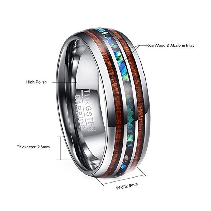 The Pink Pigs Mens Jewelry and Watches Hawaiian Koa Wood and Abalone Shell Ring with Tungsten Carbide for Men, Comfort Fit Sizes 5-14