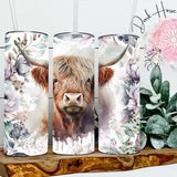 Purple Floral Highland Cow Tumbler