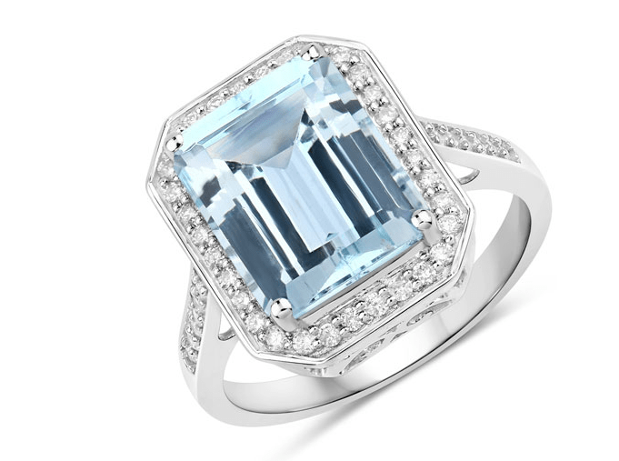 4.4ct Emerald Cut Aquamarine with Diamond Halo and Shank Coctail Ring 14K Gold