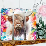Colorful Floral Highland Cow Tumbler