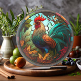 Rooster Tempered Glass Cutting & Serving Board Colorful Stained Glass Look