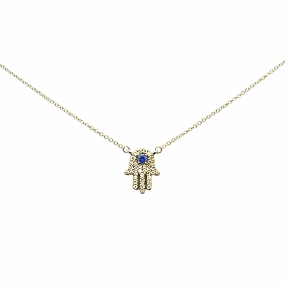 Blue Sapphire and Diamond Hamsa Pendant Necklace 18" Chain, .31ct G SI 14K Yellow Gold Diamond