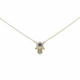 Blue Sapphire and Diamond Hamsa Pendant Necklace 18" Chain, .31ct G SI 14K Yellow Gold Diamond