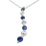 Natural Diamond and Blue Sapphire Journey Pendant Necklace 18" Long Chain .42ct G SI 14K White Gold