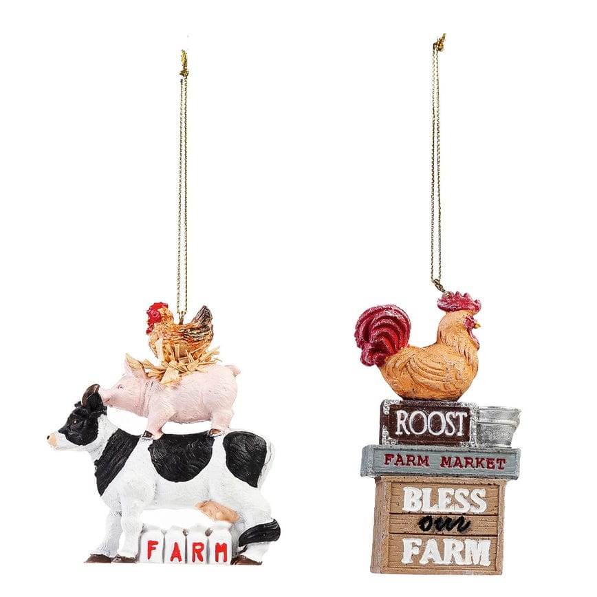 Resin Farm Animal Ornaments Pig Cow Rooster Stack & Bless Our Farm Rooster