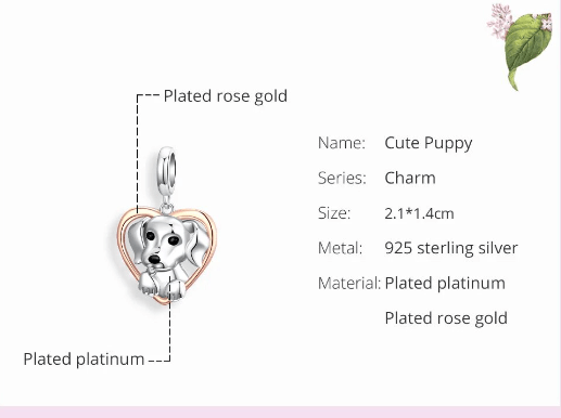 Cute Puppies in Hearts Charms/Pendants Sterling Silver Fits Pandora Style Bracelets