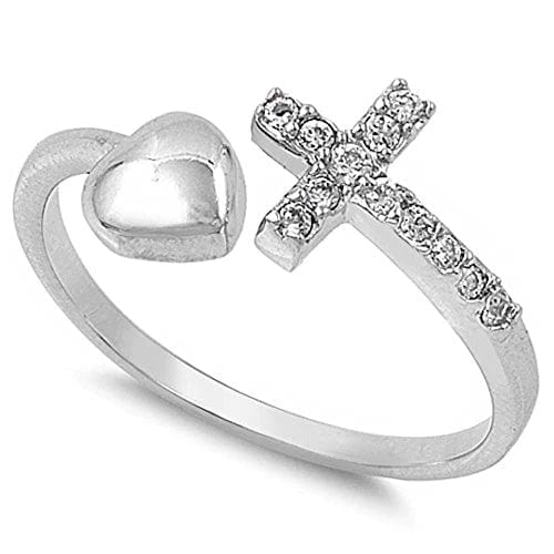 Cross & Heart .925 Sterling Silver Ring Adjustable Sizing