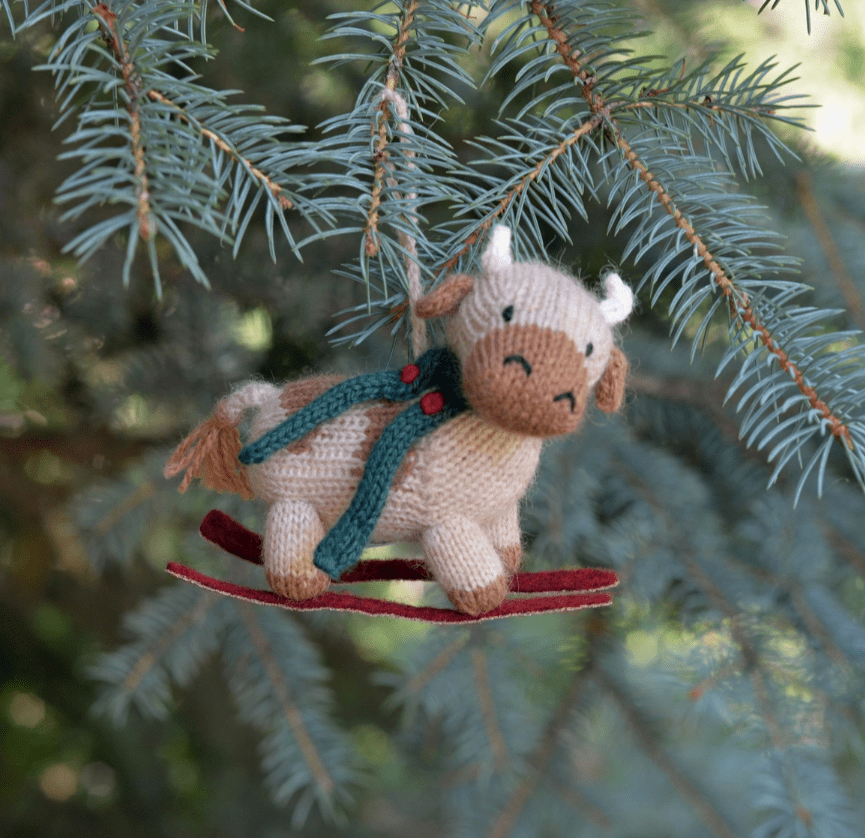 Skiiing Cow or Holstien Cow Handmade Knit Ornaments from Peru
