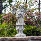 39" Tall Magnesium Angel Statue Holding Dog- Antique White