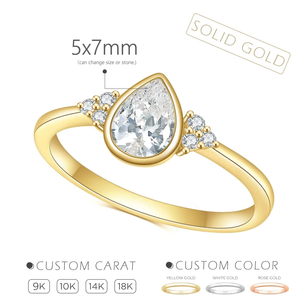 Alibaba-Abiding Wedding or Engagement Ring Teardrop with Sidestones Moissanite Bezel Set Ring 14K Gold 1ct Center Stone