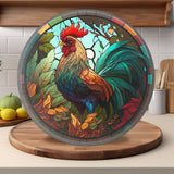 Rooster Tempered Glass Cutting & Serving Board Colorful Stained Glass Look