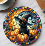 Black Cat Halloween Imitation Stained Glass Coaster