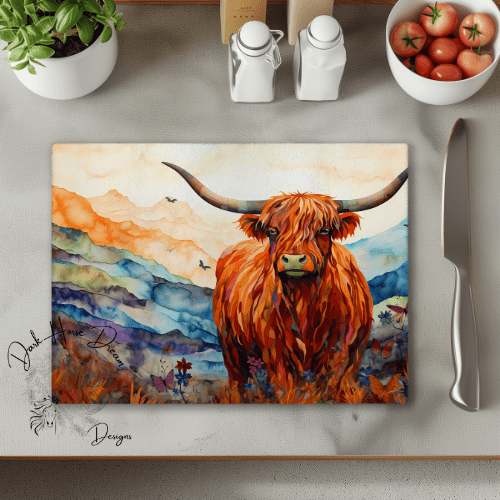 Dark Horse Dream Designs LLC Dark Horse Dream Designs LLC - Artistic Style Highland Cow - Mountain View - Cutting Board