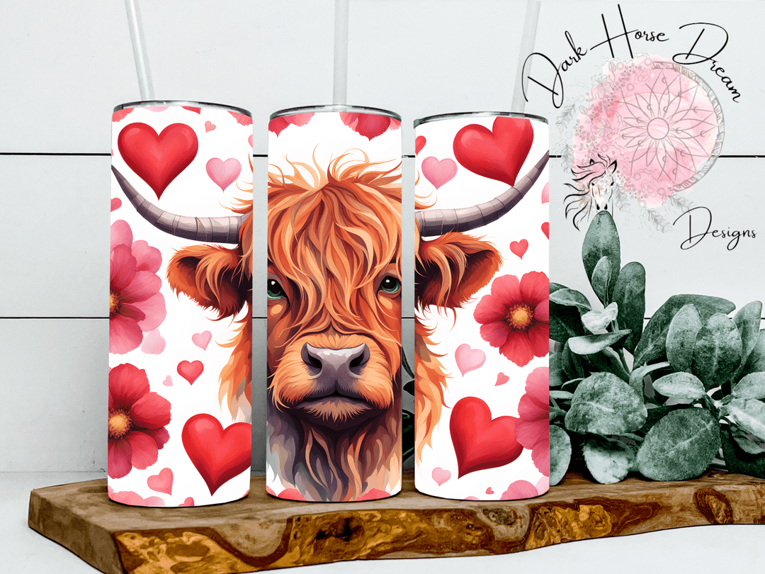Dark Horse Dream Designs LLC Dark Horse Dream Designs LLC - Hearts and Flowers Highland Cow - Valentine's Day Tumbler