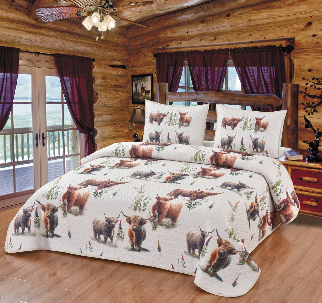 De Leon Collections King De Leon Collections - Blooms and Horns Highland Cow Decorative Quilt Bedding Set