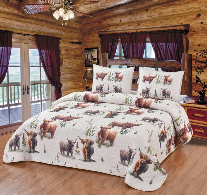 De Leon Collections King De Leon Collections - Blooms and Horns Highland Cow Decorative Quilt Bedding Set