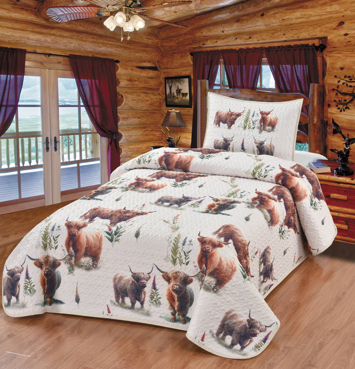 De Leon Collections King De Leon Collections - Blooms and Horns Highland Cow Decorative Quilt Bedding Set