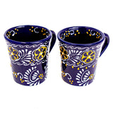 Encantada Flared Mugs Deep Blue Floral Pattern Handmade Mexican Art