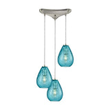 Lagoon 3-Light Triangular Pendant Light Fixture with Aqua Water Glass Hand-blown