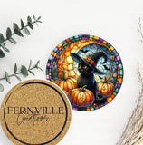 Faire-Fernville Creations Coasters 3.6 Inch Glossy Black Cat Halloween Imitation Stained Glass Coaster