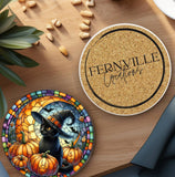 Faire-Fernville Creations Coasters 3.6 Inch Glossy Black Cat Halloween Imitation Stained Glass Coaster