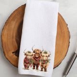 Faire-Fernville Creations Dish towels Highland Cow Holiday Waffle Knit Ranch Farmhouse Kitchen Towel