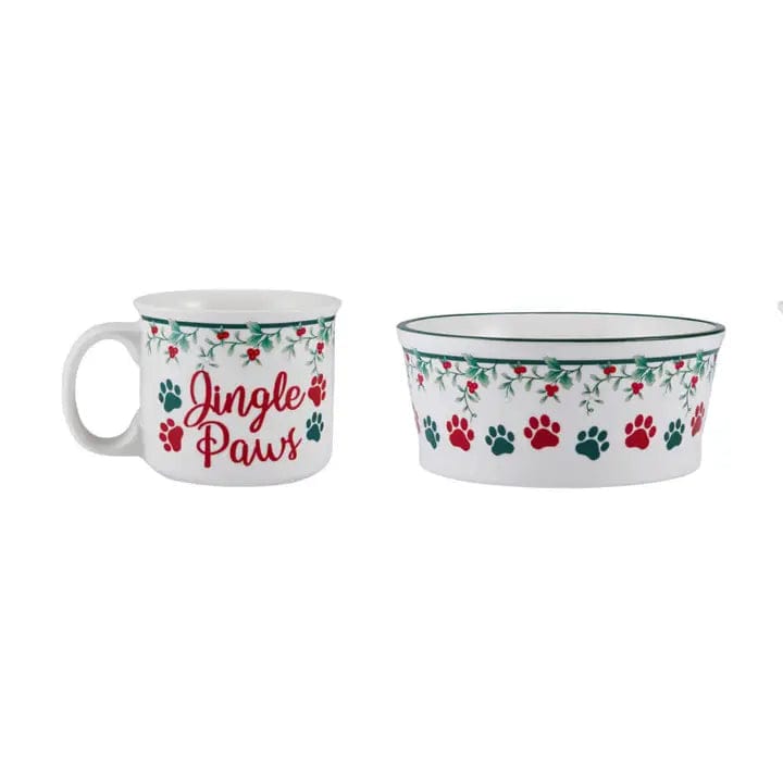 faire-fitz & floyd pet bowl and mug set Jingle Paws Holiday Winterberry Dog Bowl and Matching Mug Set by Fitz & Floyd