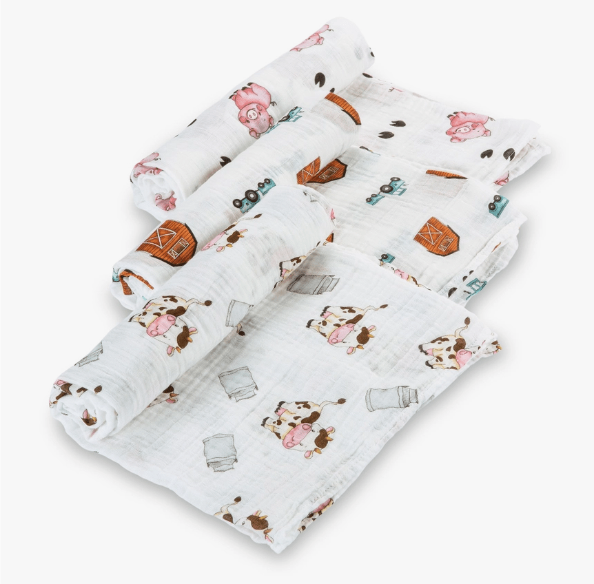 Faire-LollyBanks LollyBanks Swaddle blanket set Farm Scene Set of Muslin Swaddle Blankets by LollyBanks- Pig, Cow, Tractor