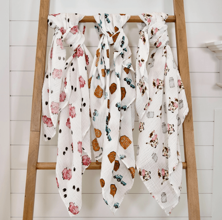 Faire-LollyBanks LollyBanks Swaddle blanket set Farm Scene Set of Muslin Swaddle Blankets by LollyBanks- Pig, Cow, Tractor