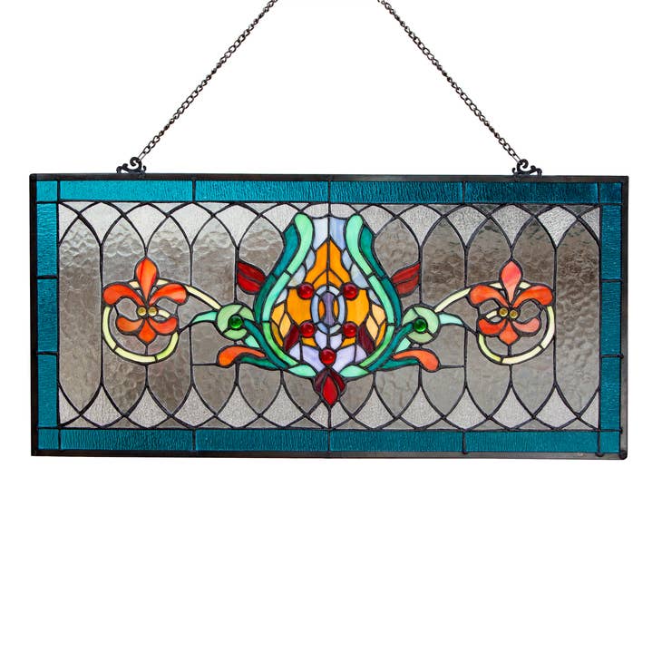 FAIRE -RIVER OF GOODS Stained Glass Panels Blue Oakley Blue or Amber Tiffany Style Stained Glass Pub Window Panel 30"L