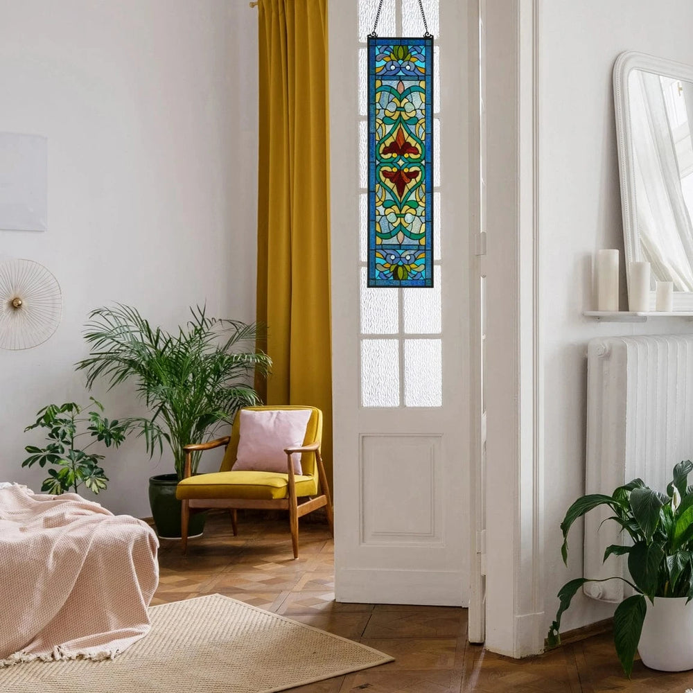 faire-river of goods Stained Glass Panels Lani Blue Victorian Stained Glass Window Panel 36"H