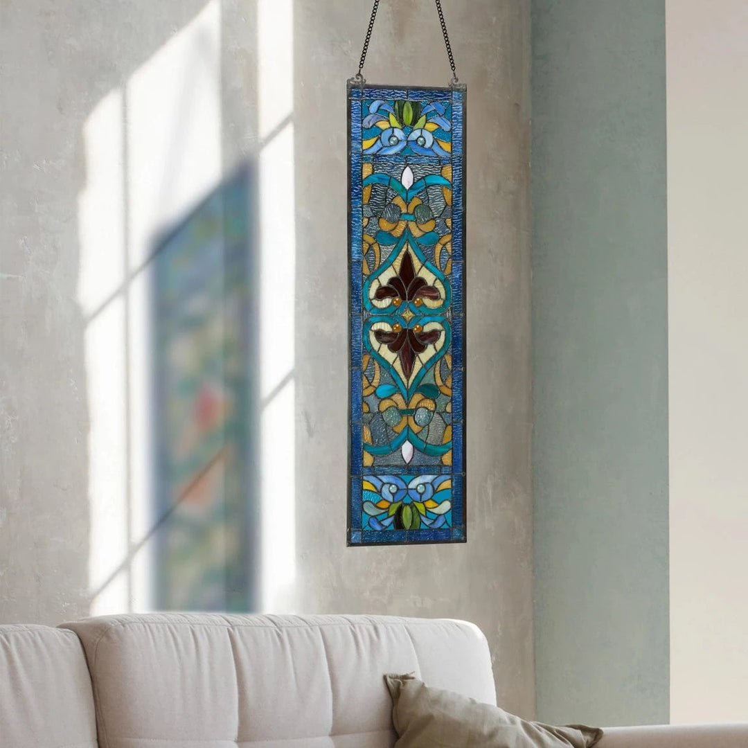 faire-river of goods Stained Glass Panels Lani Blue Victorian Stained Glass Window Panel 36"H