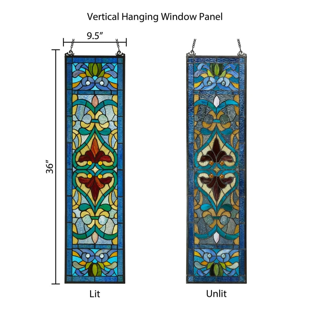 faire-river of goods Stained Glass Panels Lani Blue Victorian Stained Glass Window Panel 36"H