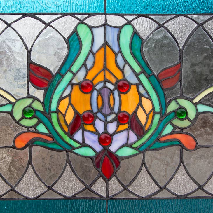 FAIRE -RIVER OF GOODS Stained Glass Panels Oakley Blue or Amber Tiffany Style Stained Glass Pub Window Panel 30"L