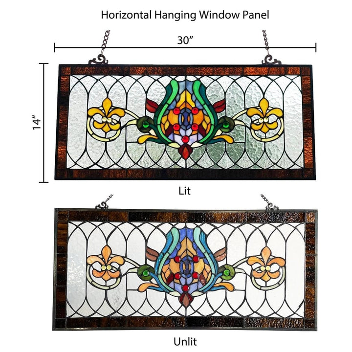 FAIRE -RIVER OF GOODS Stained Glass Panels Oakley Blue or Amber Tiffany Style Stained Glass Pub Window Panel 30"L