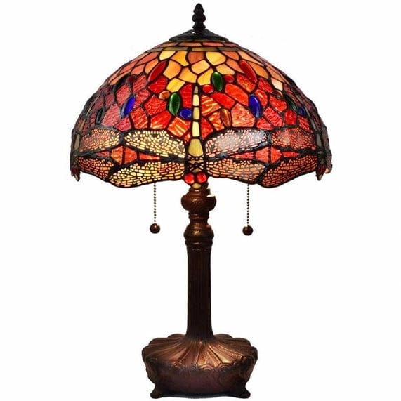 FAIRE Table Lamp 20" Stained Glass Two Light Dragonfly Accent Table Lamp