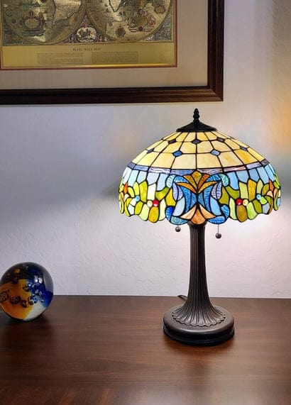FAIRE Table Lamp 23" Stained Glass Two Light Jeweled Floral Accent Table Lamp