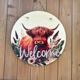 Faire-Teele & Co Sign Dark Highland Cow Welcome Sign Door Hangers Two Designs