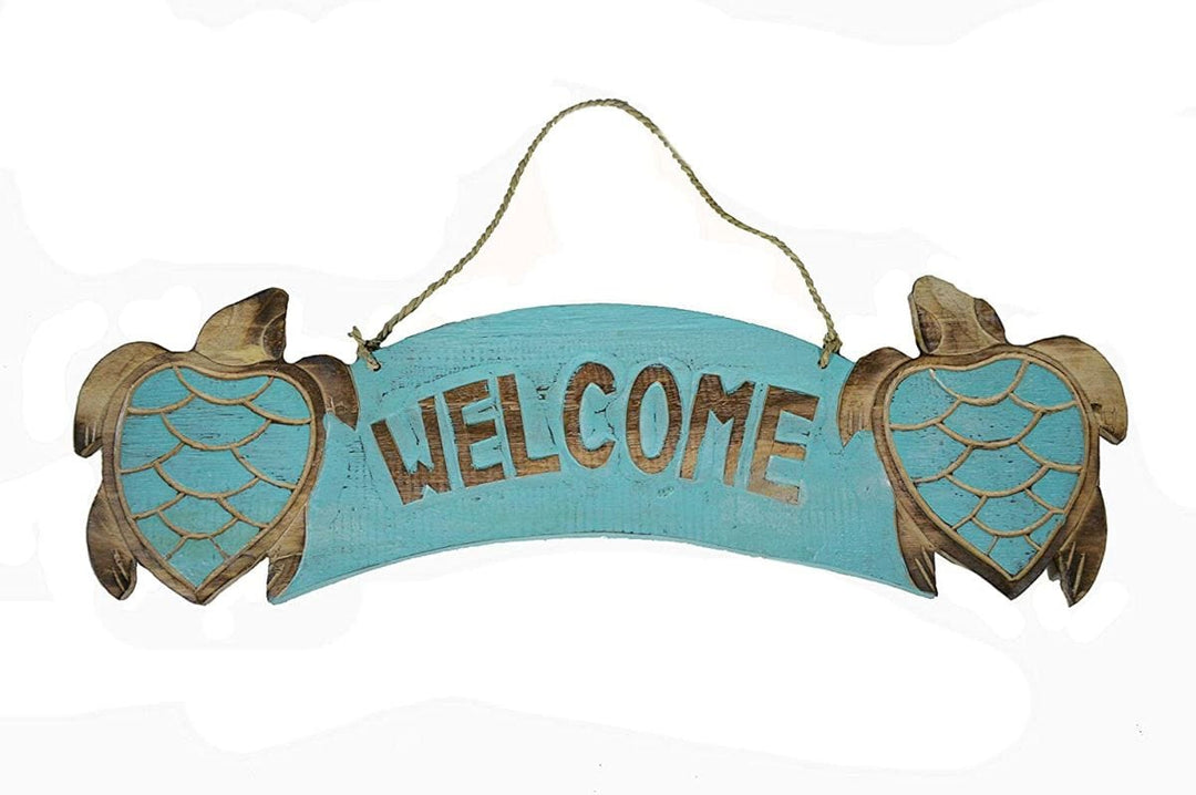 Faire-White Elephant welcome sign turtles Two Turtle Hand Carved Wooden Welcome Sign Shabby Beach Decor