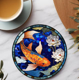 Fernville Creations 4 Inch Glossy Fernville Creations - Stained Glass Koi & Goldfish Ceramic Coasters for Home Decor