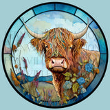 Fernville Creations Colorful Highland Cow Ceramic Coaster with Stained Glass Motif Handmade in the USA