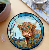 Fernville Creations Colorful Highland Cow Ceramic Coaster with Stained Glass Motif Handmade in the USA