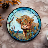 Fernville Creations Colorful Highland Cow Ceramic Coaster with Stained Glass Motif Handmade in the USA