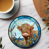 Fernville Creations Colorful Highland Cow Ceramic Coaster with Stained Glass Motif Handmade in the USA