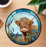 Fernville Creations Colorful Highland Cow Ceramic Coaster with Stained Glass Motif Handmade in the USA